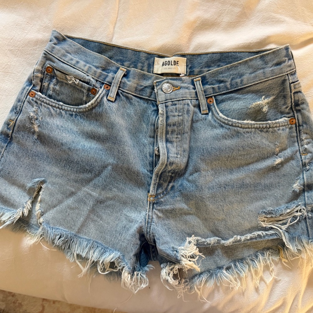 Agolde Light Wash Distressed Denim Cutoff Shorts